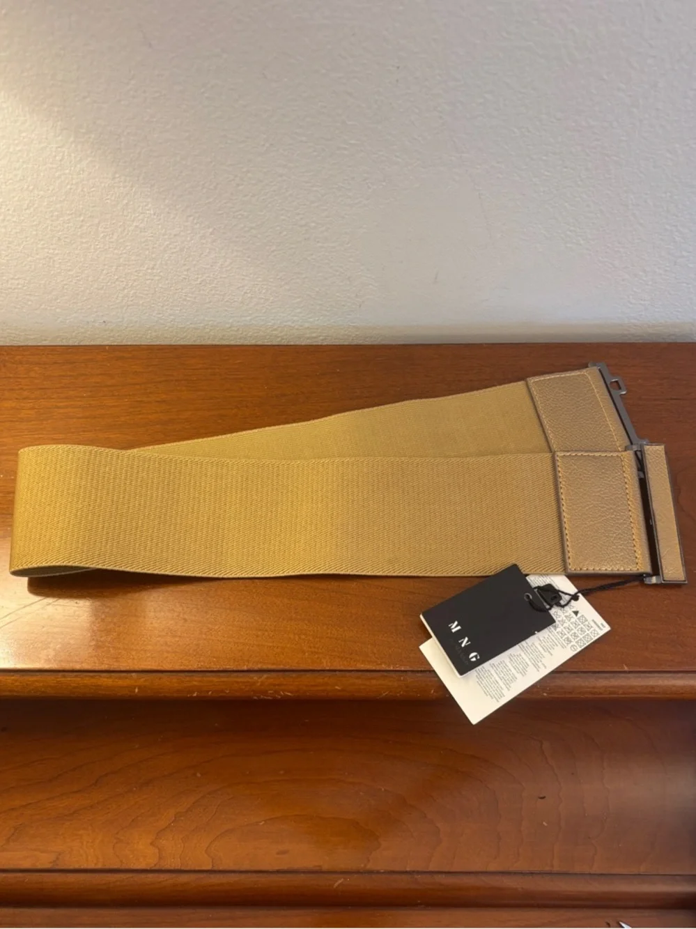 NWT MNG Mango Wide Elastic Stretch Belt Beige Tan Metallic Buckle OS